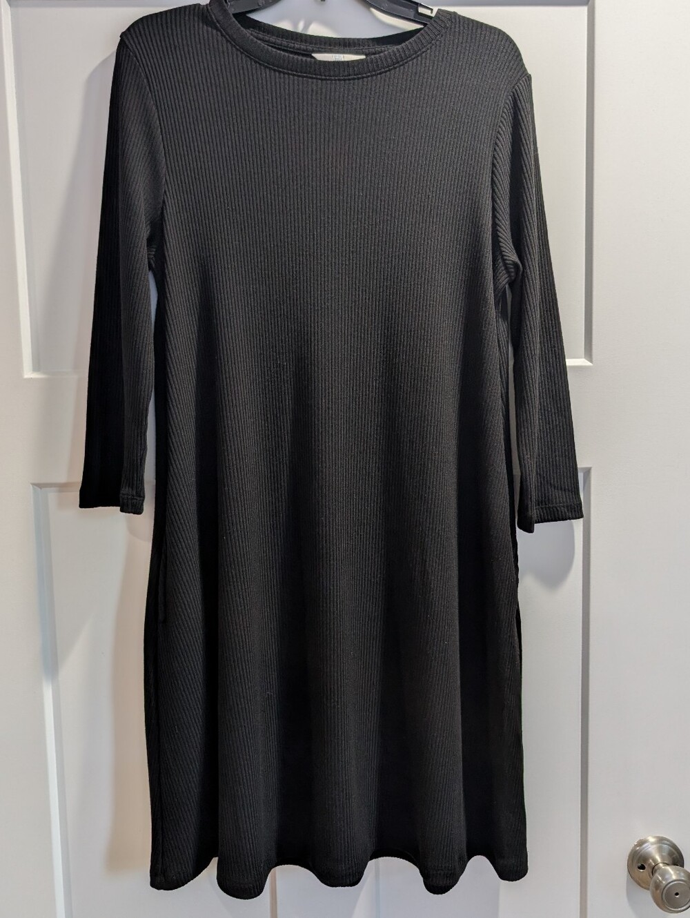 Black Time and Tru Rib Knit Dress with three-quarter sleeves and pockets!